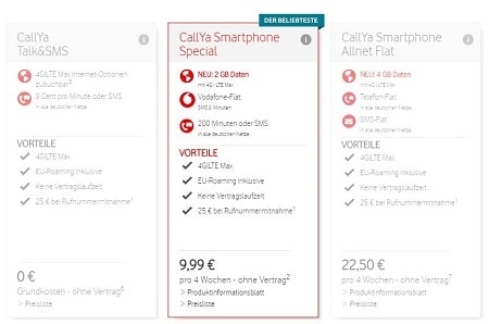Vodafone CallYa Prepaid Freikarten Tarife 